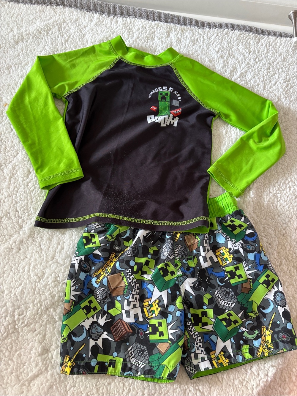 Kids Green & Black Minecraft-Inspired Rashguard Swim Set